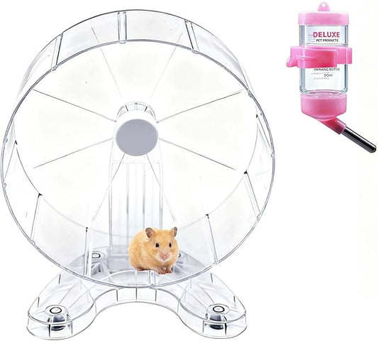 8.7" Super Silent Hamster Wheel with Stand & Water Bottle – Ultra Quiet Exercise Running Wheel for Gerbils, Syrian & Dwarf Hamsters, Chinchillas, Small Pets – Noiseless Spinning Design, Clear