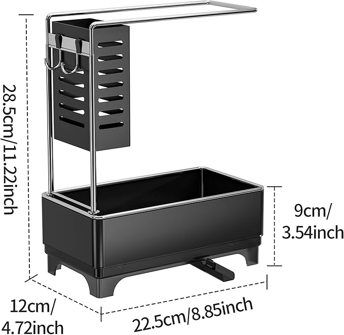 MOUKABAL Sponge Holder for Kitchen Sink, 2-Tier Sink Caddy Organizer with Drain Holes and Hooks, Holds Dishcloth, Sponge & Brushes, Kitchen Countertop Storage for New Home Essentials Black