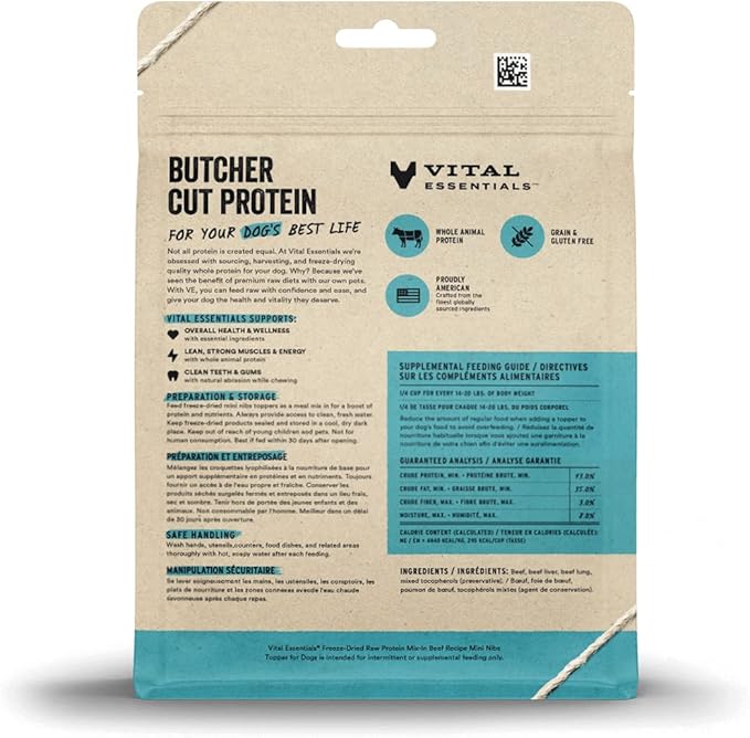 Vital Essentials Freeze Dried Raw Protein Mix-in Dog Food Topper, Beef Mini Nibs Topper for Dogs, 6 oz