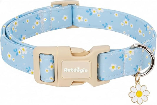 Dog Collar for Small Medium Large Dogs, Spring Blue Dog Collars with White Flowers, Adjustable Cotton Dog Collars, Cute Girl or Boy Dog Collar Ideal for Gifts,Pet Accessory,XS