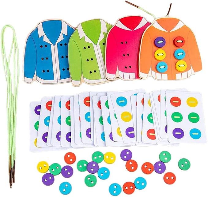 kowaku Wooden Clothes Board Toys Threading Lacing Sewing Toys, Early Educational Teaching Aids for Children Kids