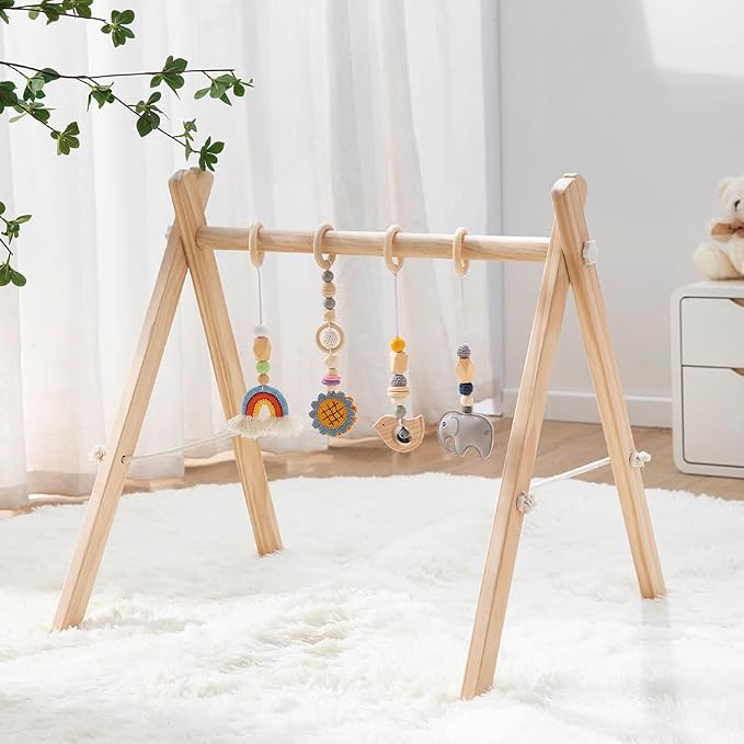 Wooden Baby Play Gym, Foldable Baby Activity Gym Frame with 4 Hanging Sensory Toys, Montessori Newborn Tummy Time Play Gym, Natural Wood Baby Gym for Infant Nursery Decor, Baby Shower Gift | 4 Sensory Hanging Toys, Montessori, Infant Activity Frame, 0-...