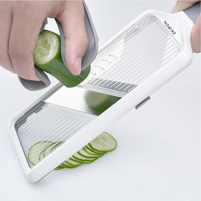 ZKIRON Handheld Mandoline Slicer for Kitchen - Adjustable 3-Thickness (1mm-3mm) Slicer Vegetable Cutter with Safety Hand Guard Potato Onion Tomato & Cucumber Slicer for Salad, Easy to Clean (Gray)