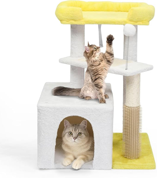 VINGLI Cat Tree, 27 inch Small Cat Tower with Scratching Post and Pad, Cat Condo for Indoor Kittens Padded Top Bed, Cats Indoor Activity Center (Yellow & White)