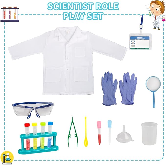Scientist Costume for Kids, Lab Coat with Science Experiment Kit, Dress Up & Pretend Play for Boys Girls Ages 4 to 8 Years Old