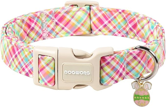 DOGWONG Easter Dog Collar, Cute Easter Colorful Plaid Pet Collar Durable Holiday Girl Boy Adjustable Cotton Dog Collars for Puppy Medium Large Dogs,L Visit The Elegant Little Tail Store