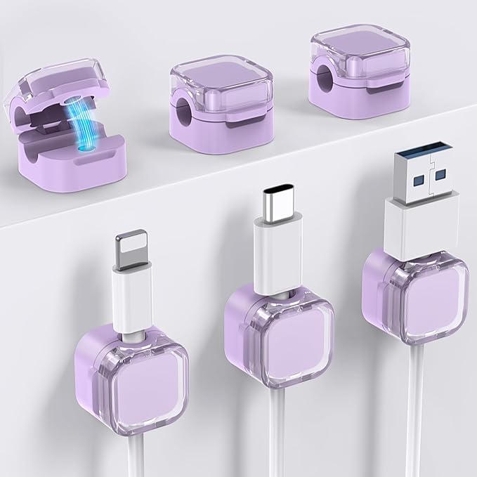 AhaStyle 6 Pack Magnetic Cable Organizer [1s Lock] Cord Holders Clips Strong Adhesive Cord Keeper [Smooth Adjustable] Hide Wire Cord Organizer for Nightstand Kitchen Car Office (Lavender)