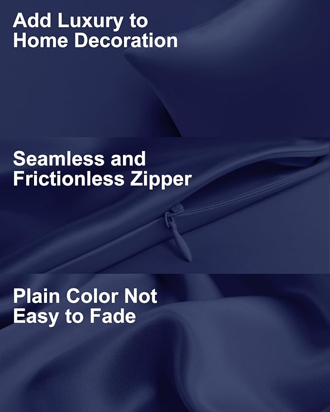 THXSILK Set of 2 100% Pure Mulberry Silk Pillowcases for Hair and Skin, Highest 6A Grade 22 Momme Silk Pillow Case Standard Size, Real Silk Pillowcases with Zipper (Navy Blue, Standard)
