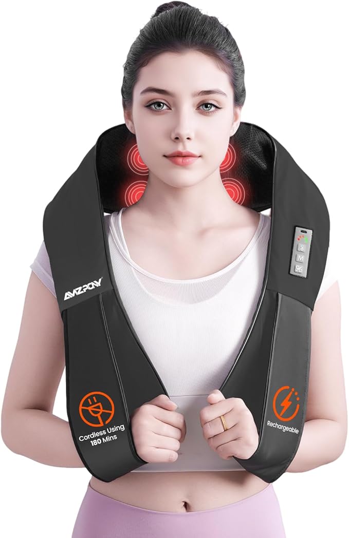 AMZPONY® Cordless Neck Massager for Pain Relief Deep Tissue, Rechargeable Shiatsu Neck and Back Massager with Heat Kneading Shoulder Massage for Body Muscle Pain Relief,Gifts for Dad Mom Friends