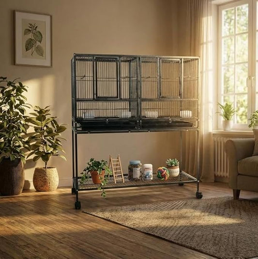 IDEALHOUSE 41" Divided Breeding Flight Bird Cage with Detachable Rolling Stand, Breeder Cage with Perches, Food Boxes, Slide-Out Tray and Storage Shelf, Birdcage for Parakeet Finch Cockatiel Lovebird