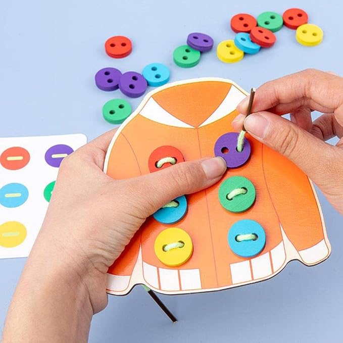 kowaku Wooden Clothes Board Toys Threading Lacing Sewing Toys, Early Educational Teaching Aids for Children Kids