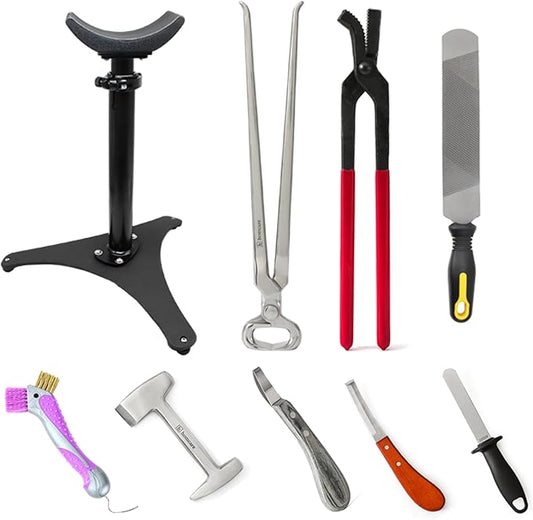 9PCS Farrier Tools Kit for Horses – Hoof Trimming Set with Hoof Stand, Hoof Nipper, Hoof Pick, Hoof Knife, Rasp File, Clinch Cutter, Horseshoe Pliers & Sharpener for Farriers Horse Owners