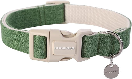 DOGWONG Cotton Hemp Dog Collar, Heavy-Duty Green Dog Collar Adjustable Soft Natural Fabric Pet Dog Collar Cute Wedding Puppy Necklace for Small Medium Large Dogs