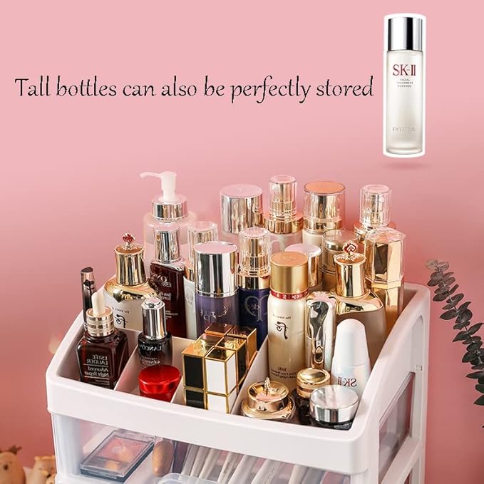 Makeup Organizer with 3 Drawers Plastic Storage for Vanity Cosmetic Display Cases Large Capacity Bathroom Countertop Plastic Storage for Skin Care Products(Arc Type)
