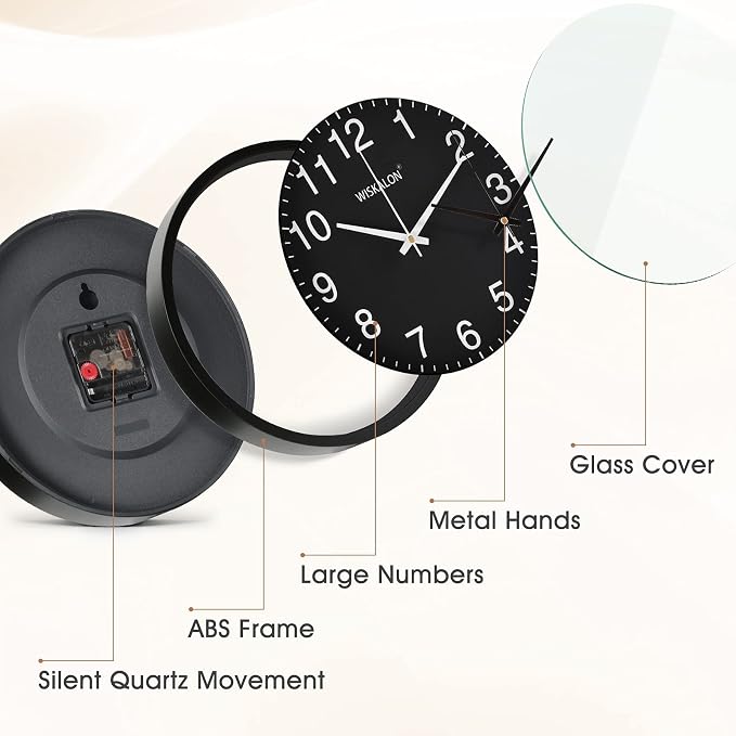 WISKALON 10 inch Wall Clock, Silent Non-Ticking Elegant Black Frame Wall Clock