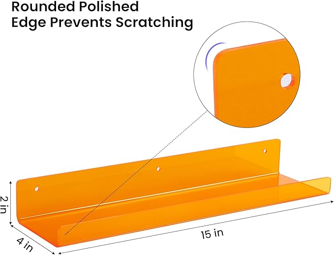 Acrylic Wall Shelves, 15 in, 4 Pack – Clear Orange