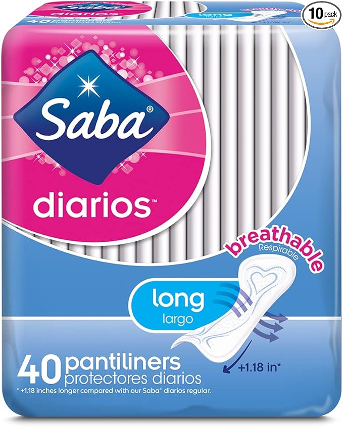 Saba Diarios Long Pantiliners, Rapid Absorption Long Panty Liners for Women, Convenient Feminine Care for All Body Types & Sizes, 400 Count (10 Packs of 40)
