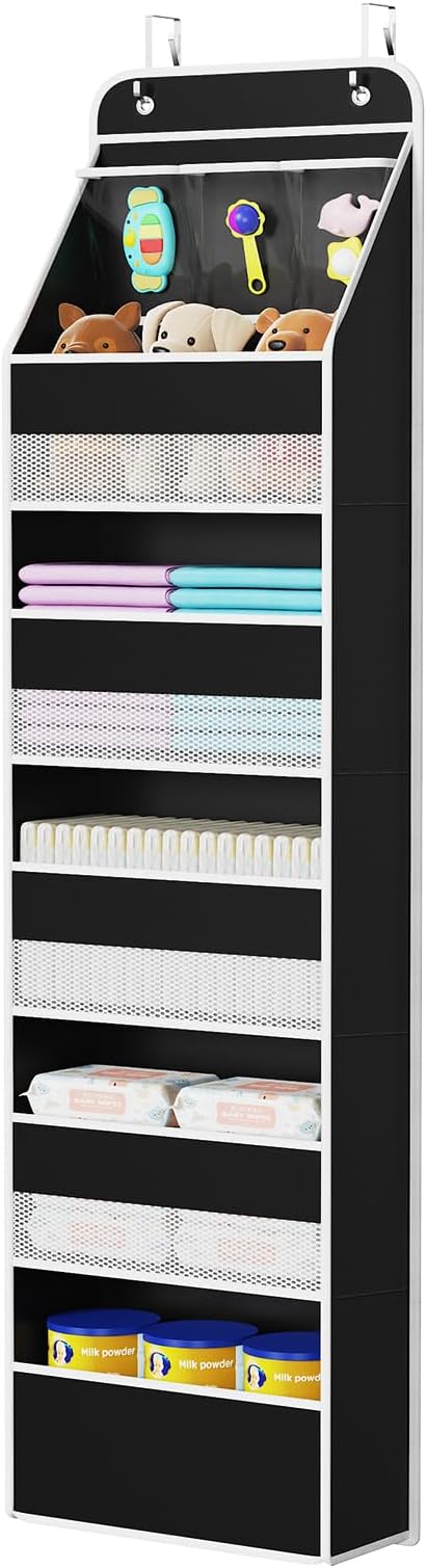 Univivi 6-Shelf Over Door Hanging Organizer Fabric Baby Door Storage with 5 Large Pockets and 3 Small PVC Pockets Wall Mount Hanging Storage Organizers for Baby Essential (Black)