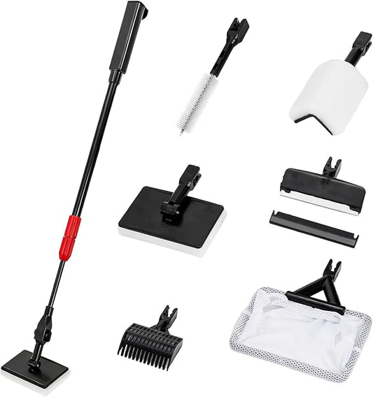 TOPZEA 6 in 1 Aquarium Cleaning Tool Kit, Fish Tank Cleaner Set with Adjustable Telescopic Long Handle (21-32 Inch) Include Algae Scraper, Scrubber Pads, Fish Net, Tube Cleaning Brush, Gravel Rake