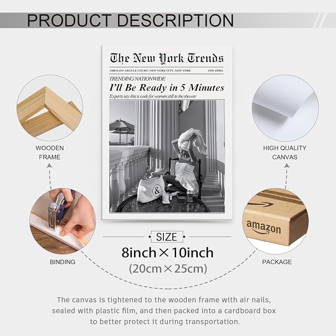 Vintage Newspaper Framed Wall Art Trendy Black and White Aesthetic Posters