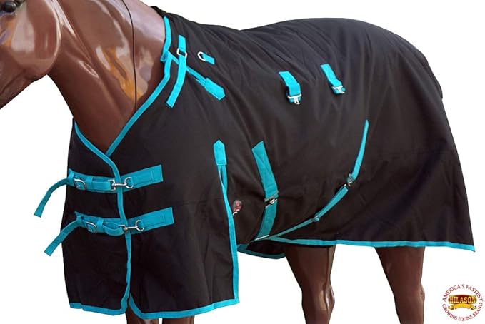 HILASON Black with Turquoise Trims 69 inch 1200D Winter Waterproof Poly Horse Turnout Blanket Belly Wrap