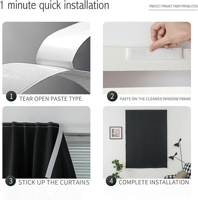 Adhesive Blackout Curtains- Self Stick Shades Window Blinds Curtains No Rod Needed Easy to Hang Curtains, Use for Bedroom, Living Room, Dining Room, Kitchen, Home Office, 47"W X 79"L, Black, 1 Panel