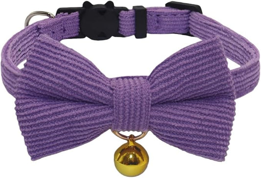 THAIN Cat Collar with Bow Tie and Bell, Breakaway Adjustable Cute Soft Corduroy Kitten Collars Safety Buckle for Girl Cats (Solid Purple)