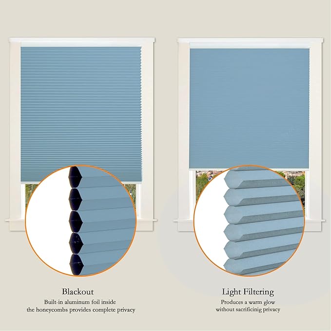 Persilux Light Filtering Cellular Window Shades Cordless Shades Bottom up UV Protection Room Darkening Honeycomb Blinds for Windows, Home and French Doors, Blue, 41" W x 38" H