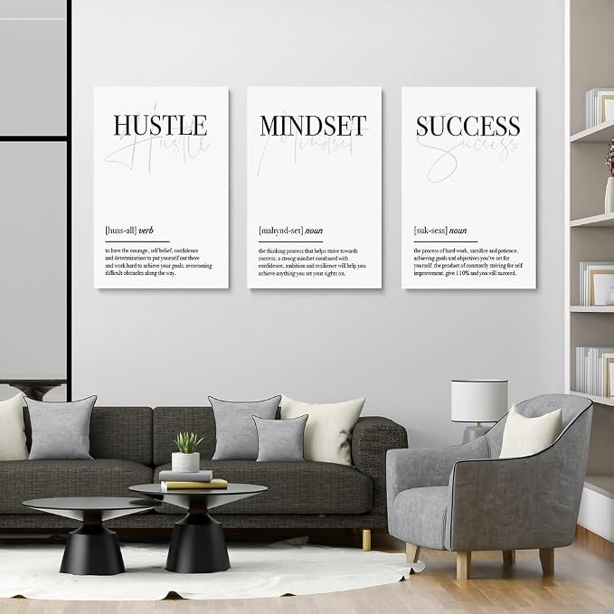 GUBIYU Hustle Mindset Success Wall Art Set of 3 Framed Canvas Black and White