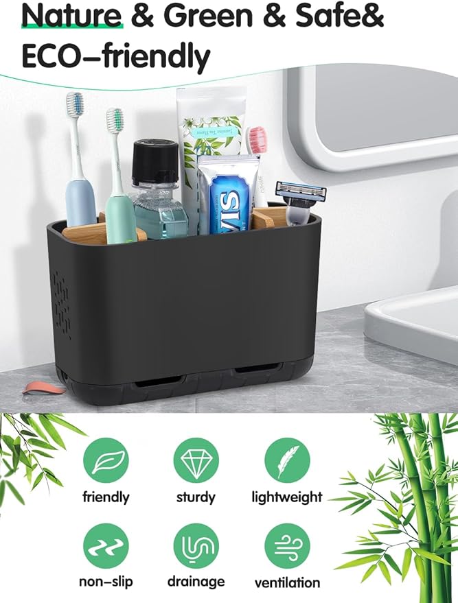 GFWARE Black Toothbrush Holder, Bamboo Toothbrush and Toothpaste Holder with Drainage, Electric Kids Matte Black Toothbrush Holders Set Organizer for Bathrooms Countertop Accessories Storage