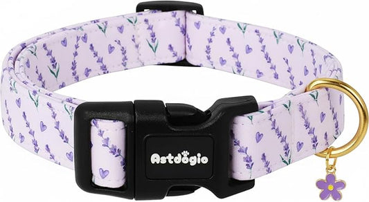Dog Collar for Medium Dogs, Spring Purple Dog Collars with Flowers Pattern, Adjustable Cotton Dog Collars, Cute Girl or Boy Dog Collar Ideal for Gifts,Pet Accessory