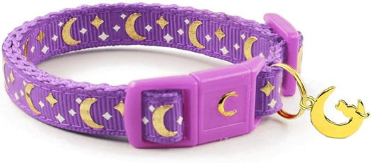 WAAAG Cat Collars, Gold Moons and Stars Cat Collar, Safety Breakaway Cat Collar, Glow in The Dark (Standard 9"-15" Neck, Lavender)