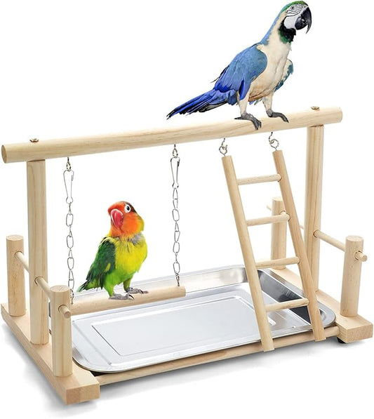 Natural Wood Bird Playground Parrot Perch Playstand Play Gym Stand Playpen Perches Ladder Swing Platform with Toys Exercise Playgym for Luonfels,Budgie,Cockatiels,Conures,Parakeets,Lovebird