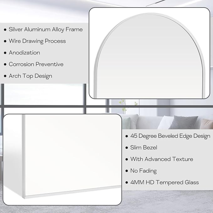 24" x 36" Silver Arched Mirror, Modern Aluminum Alloy Metal Frame, Arch