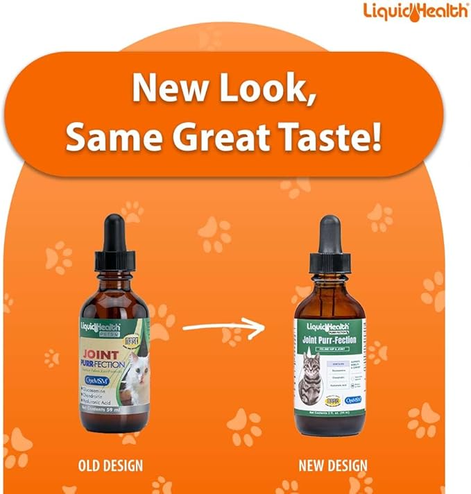 LIQUIDHEALTH Pets Liquid Cat Glucosamine Joint Purr-Fection - Hip & Joint Health Relief Support, Chondroitin Feline Droppers for Senior Older Adult Cats & Kittens - Made in The USA (2 oz)