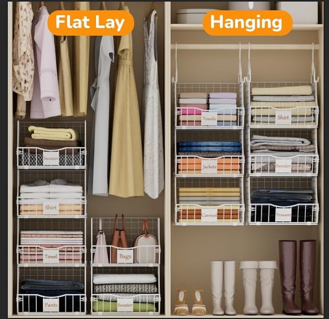 Hanging Closet Organizers and Storage, 6 Tier Closet Shelf Clothes Organizer with 2 S-Hooks, Multi-Functional Iron Wire Baskets, for Clothing, Sweaters, Handbags, Hat, Canned