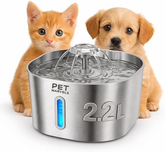 Stainless Steel Cat Water Fountain – 2.2L/74oz Ultra-Quiet Pump, Visible Water Level, Dual Flow Modes – Automatic Pet Water Dispenser for Cats & Small Dogs