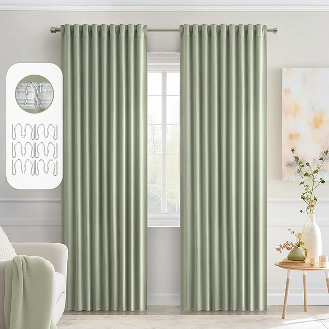 MIULEE Sage Green Back Tab Blackout Curtains 72 Inch Length 2 Panels Set