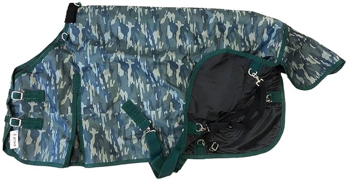 AJ Tack 1200D Waterproof Winter Horse Blanket with Hood - 400g Heavyweight Turnout with Fleece Collar, Shoulder Gussets & Tail Flap - Camouflage 70"