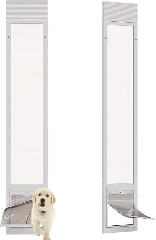 Doggie Door Insert for Sliding Glass Doors, Adjustable Height 76 1/8"-80 7/8" Aluminum Frame Tempered Glass with Lock, 7"x11" Medium Transparent Flap for Large Dogs