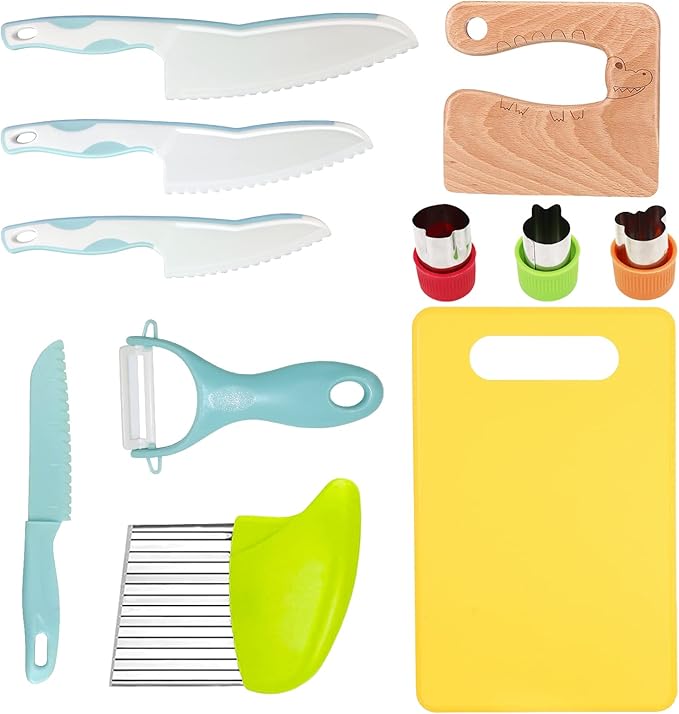 RISICULIS 11 Pieces Wooden Kids Kitchen Knife, Blue Kids Knife Set Include Wood Kids Knife, Serrated Edges Plastic Toddler Knife, Crinkle Cutter, Sandwich Cutter, Y Peeler, Cutting Board