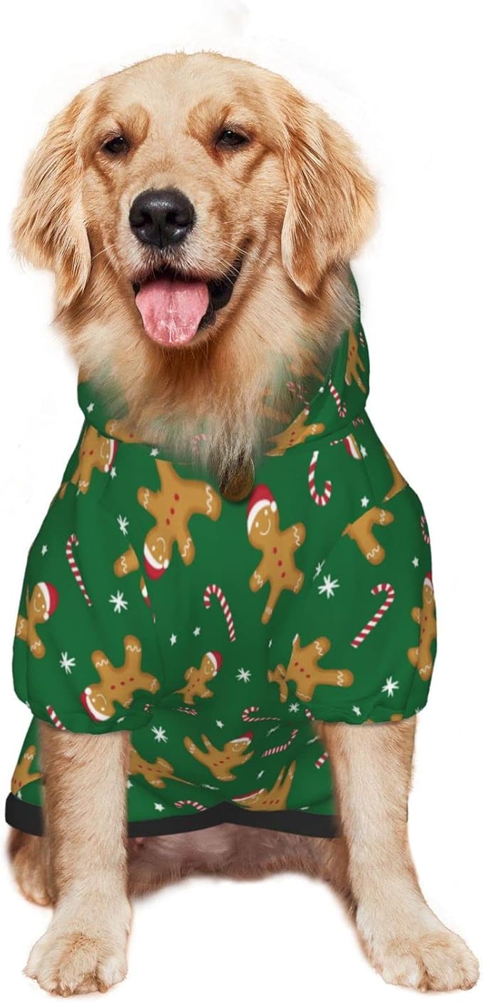 Green Christmas Gingerbread Men Candies Hoodie,Christmas Cosplay Dog Clothes with Pocket and Hat Winter Clothes Sweaters Large