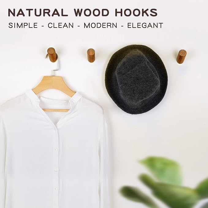 Felidio Wooden Wall Hooks, 2 Pack Coat Hooks Wall Mount, Natural Wood Hooks