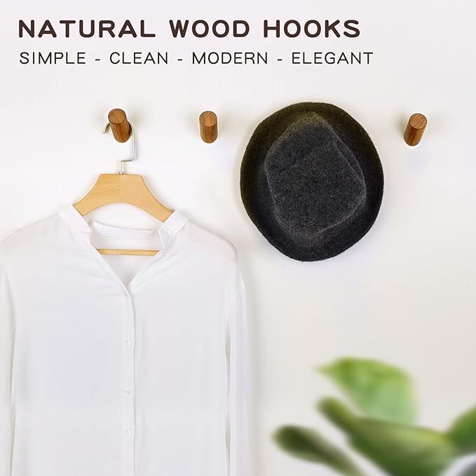Felidio Wood Wall Hooks, 4 Pack Coat Hooks Wall Mounted, Rustic Wooden Heavy