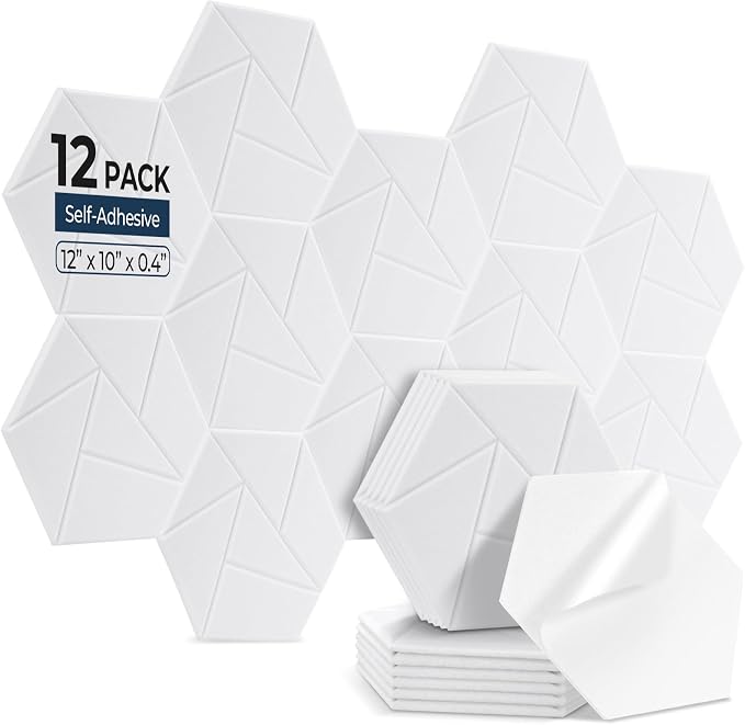 12 Pack Hexagon Acoustic Panels, Self-Adhesive Acoustic Wall Panels