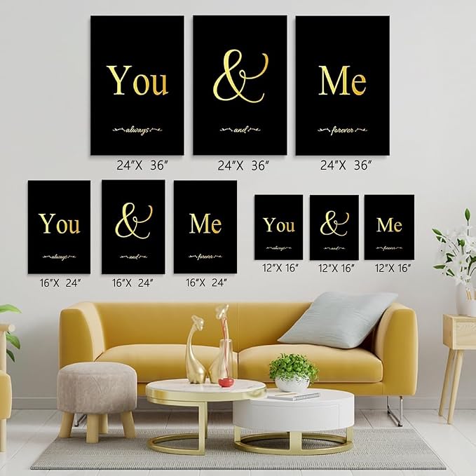 GUBIYU Black and Gold Bedroom Art Love Wall Decor You and Me Word Canvas Poster