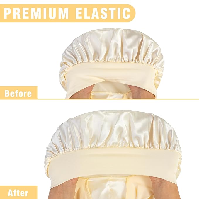 2Pcs Bonnets for Black Women Braid Bonnet, Large Long Satin Bonnet for Braids, Silk Bonnet with Stretchy Tie Band Sleep Cap Hair (2Pcs-Black&Gold)