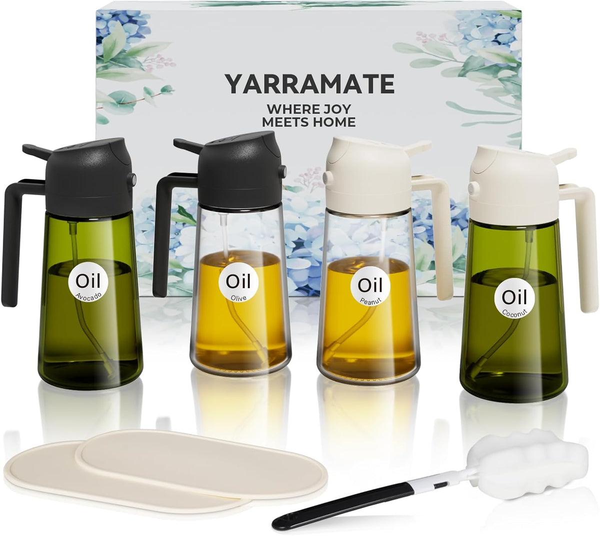 YARRAMATE 16oz/470ml Glass Olive Oil Sprayer for Cooking with Stickers, 2 in 1 Oil Dispenser for Kitchen Gadgets, Food Grade Premium Spray Bottle with Portion Control for Salad, Frying, BBQ (Black)