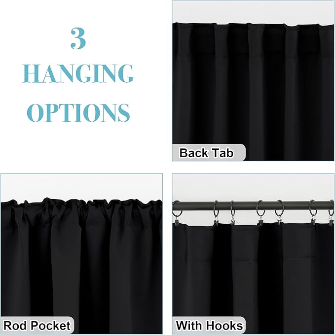 RYB HOME Short Black Curtains for Bedroom, W42 x L36 inch, 2 Panels