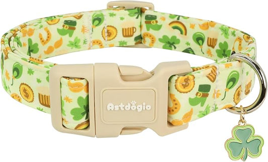 St. Patrick's Day Dog Collar,Light Green Puppy Collar with Lucky Shamrock,Adjustable Spring Cotton Collars Gifts for Small Medium Large Dogs,Dog Accessories M